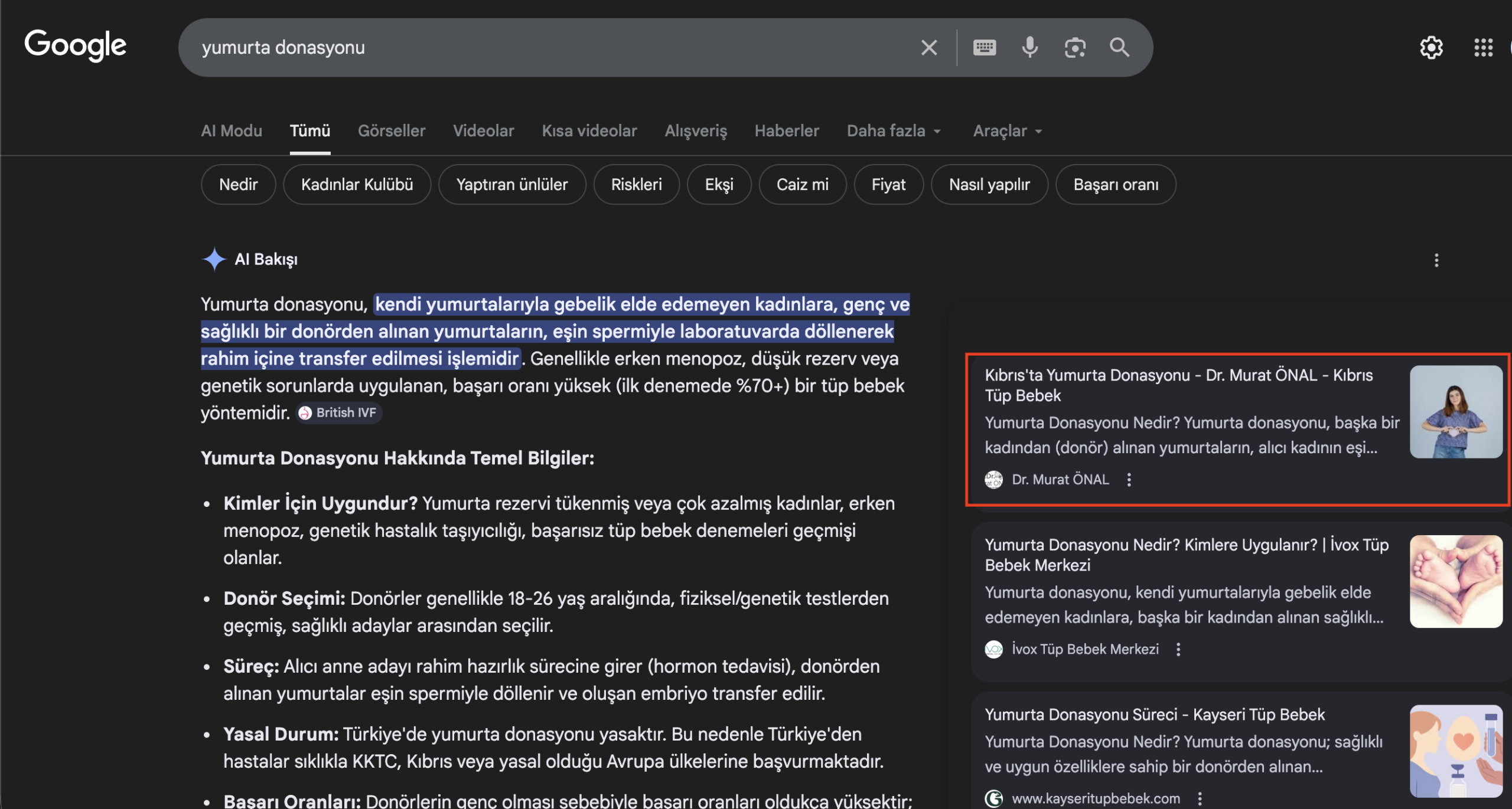 Google AI Bakışı: yumurta donasyonu sorgusunda Dr. Murat Önal kaynak kartı