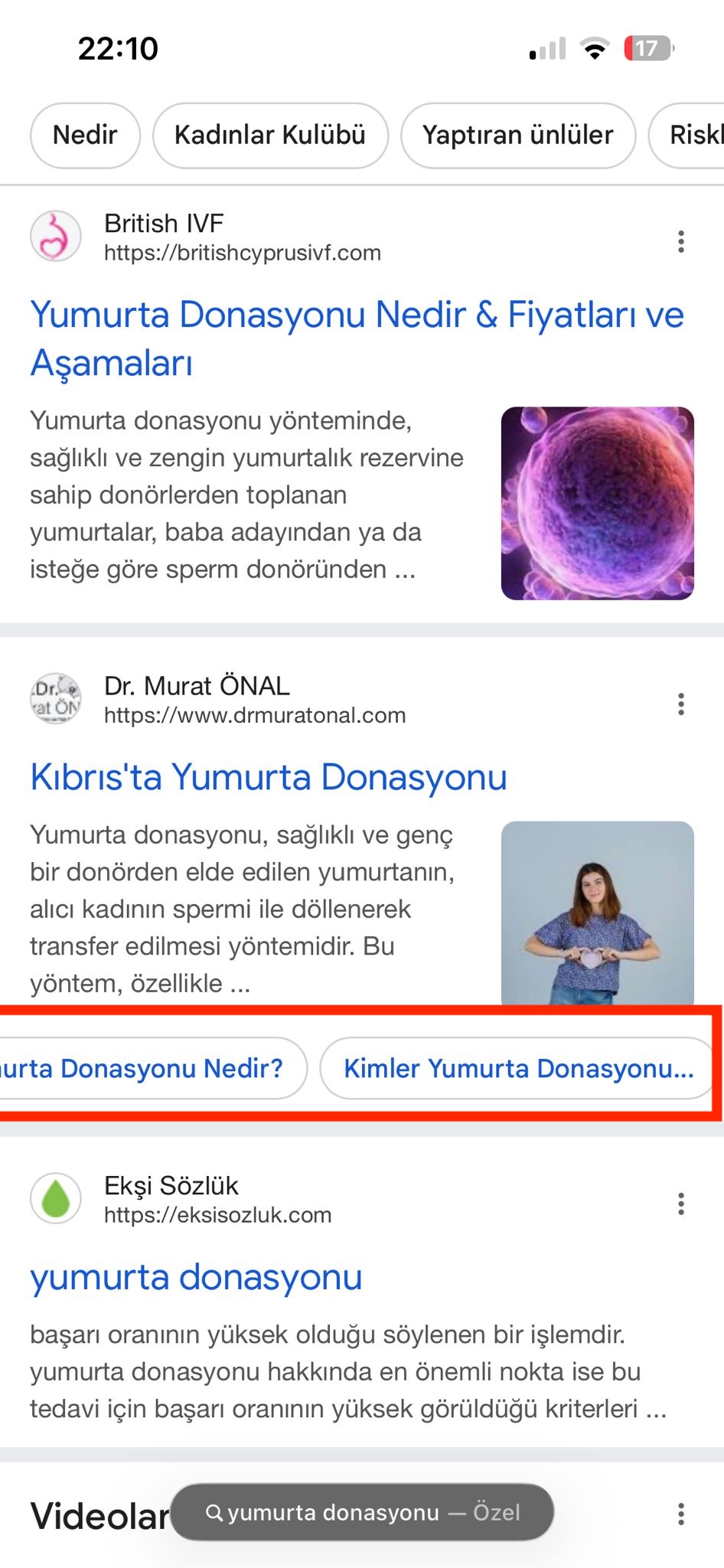 Mobil arama sonucu: başlık altı oturum çipleri ve görsel zengin snippet